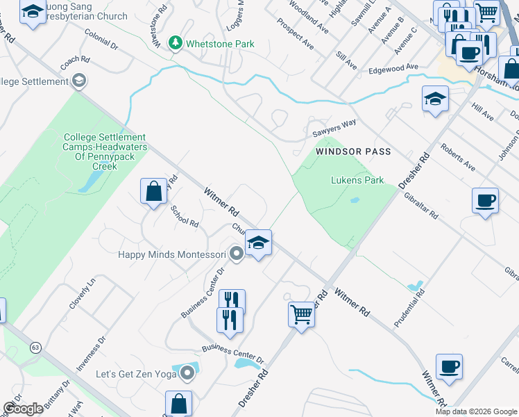 map of restaurants, bars, coffee shops, grocery stores, and more near 545 Sussex Court in Horsham
