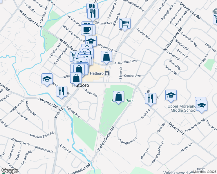 map of restaurants, bars, coffee shops, grocery stores, and more near 112 Byberry Road in Hatboro