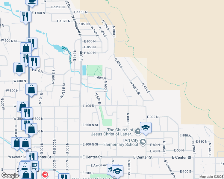 map of restaurants, bars, coffee shops, grocery stores, and more near 616 East 600 North in Springville