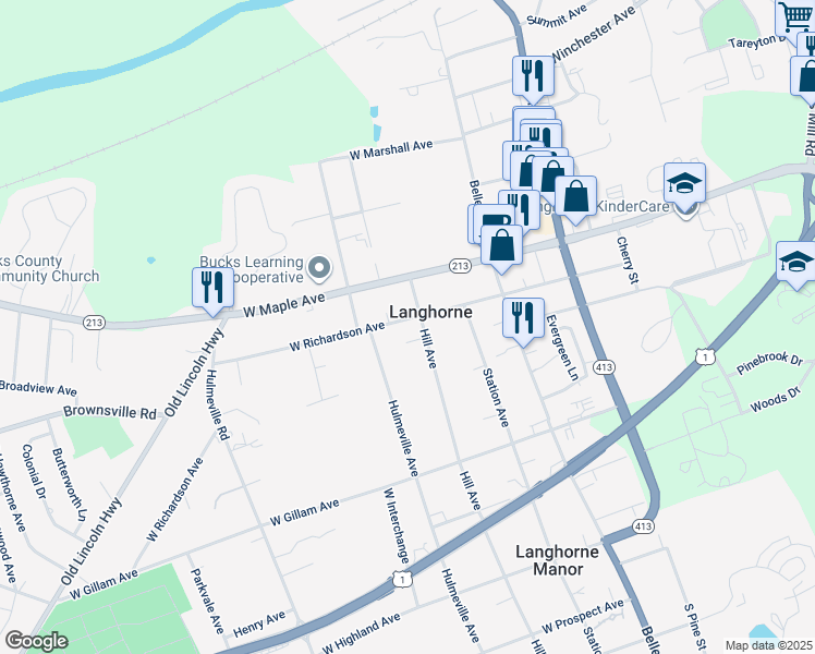 map of restaurants, bars, coffee shops, grocery stores, and more near 205 Orchard Avenue in Langhorne