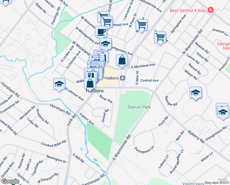 map of restaurants, bars, coffee shops, grocery stores, and more near 76 Byberry Road in Hatboro