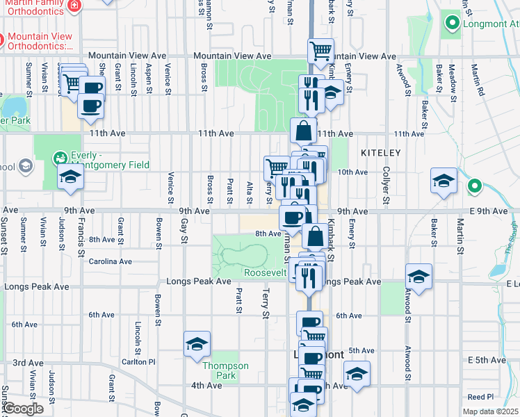 map of restaurants, bars, coffee shops, grocery stores, and more near 808 9th Avenue in Longmont
