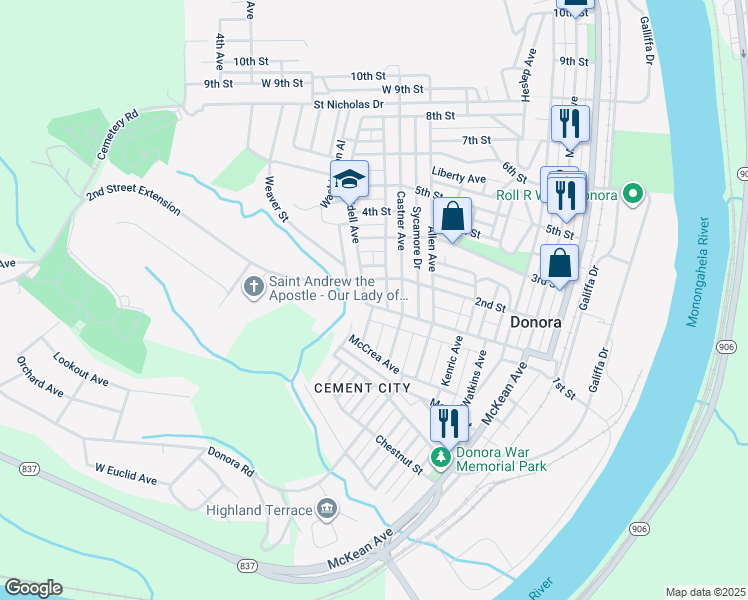 map of restaurants, bars, coffee shops, grocery stores, and more near 630 1st Street in Donora
