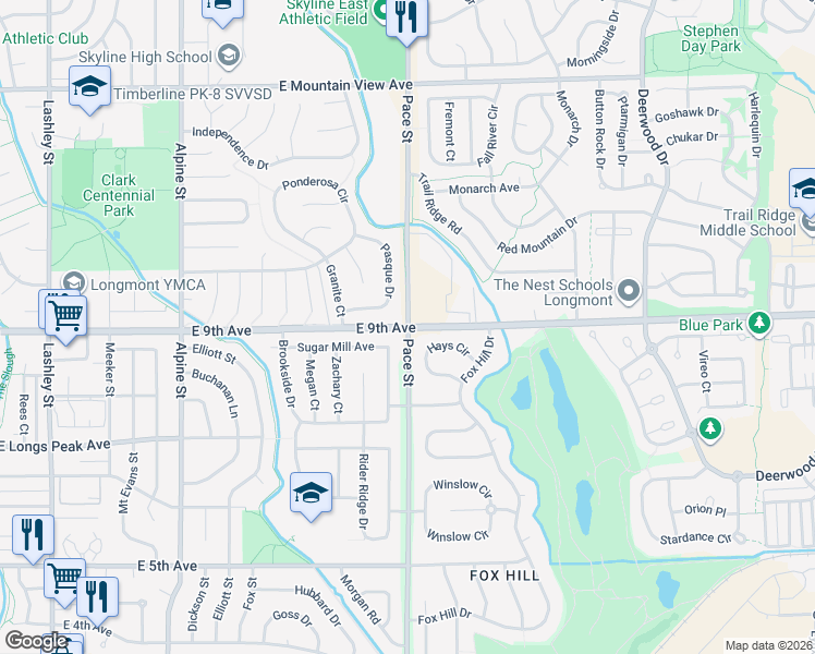 map of restaurants, bars, coffee shops, grocery stores, and more near Pace St & E 9th Ave in Longmont
