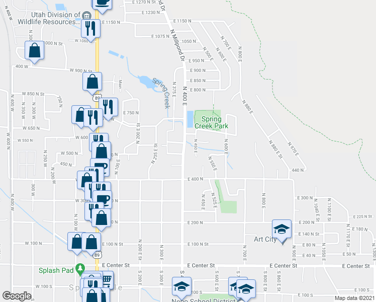 map of restaurants, bars, coffee shops, grocery stores, and more near 490 North 400 East in Springville