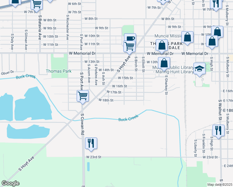 map of restaurants, bars, coffee shops, grocery stores, and more near 1308 West 17th Street in Muncie