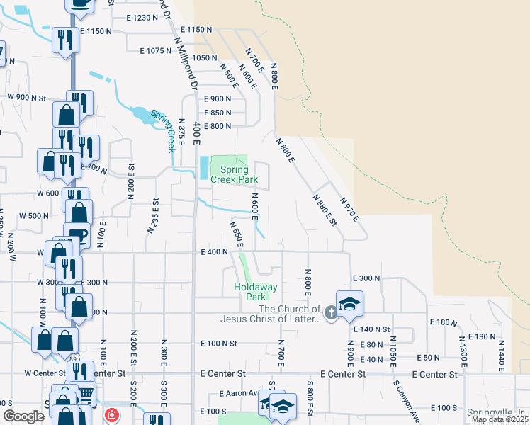 map of restaurants, bars, coffee shops, grocery stores, and more near 511 North 650 East Street in Springville