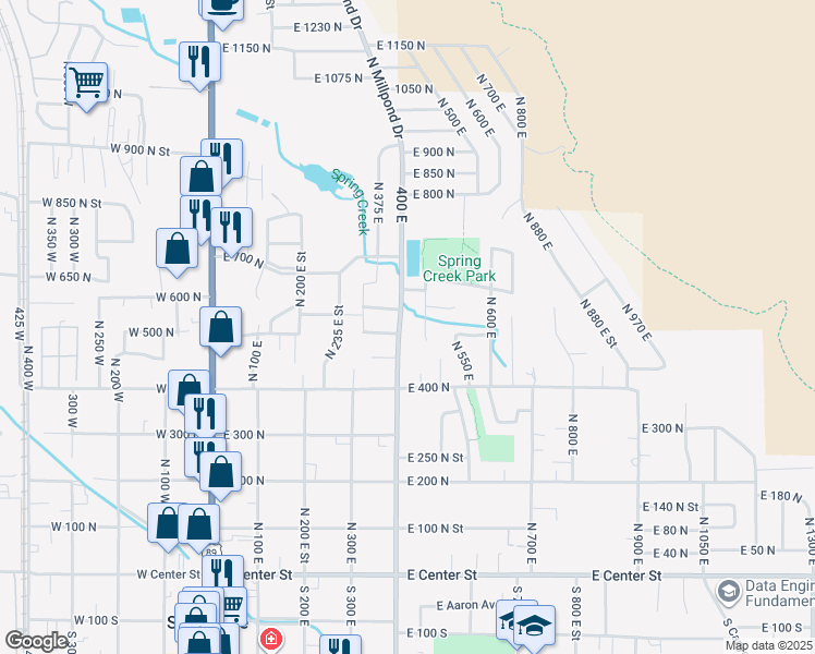map of restaurants, bars, coffee shops, grocery stores, and more near 490 North 400 East in Springville