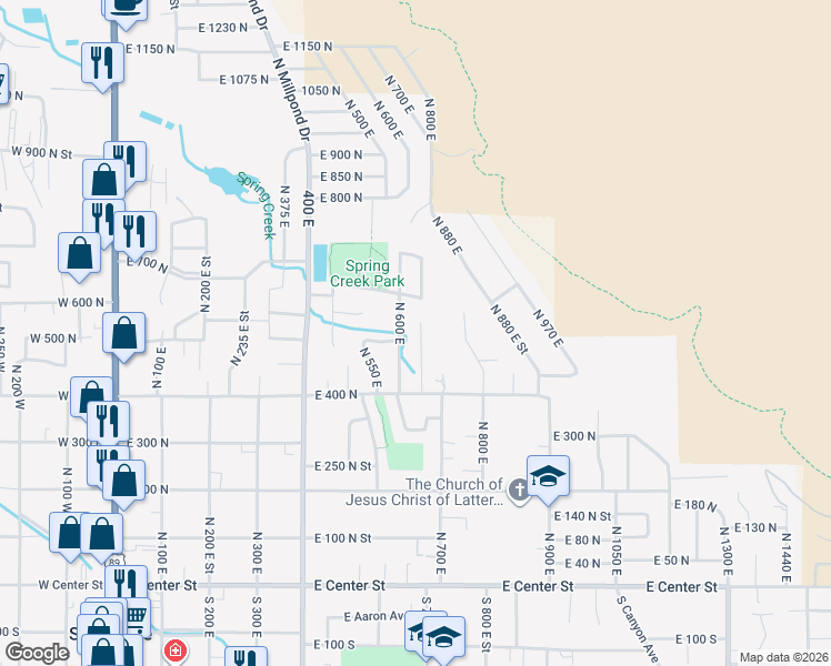 map of restaurants, bars, coffee shops, grocery stores, and more near 511 North 650 East Street in Springville
