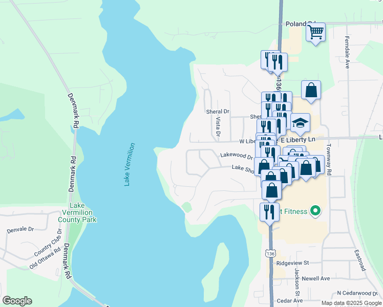 map of restaurants, bars, coffee shops, grocery stores, and more near 22 Highland Shore Drive in Danville
