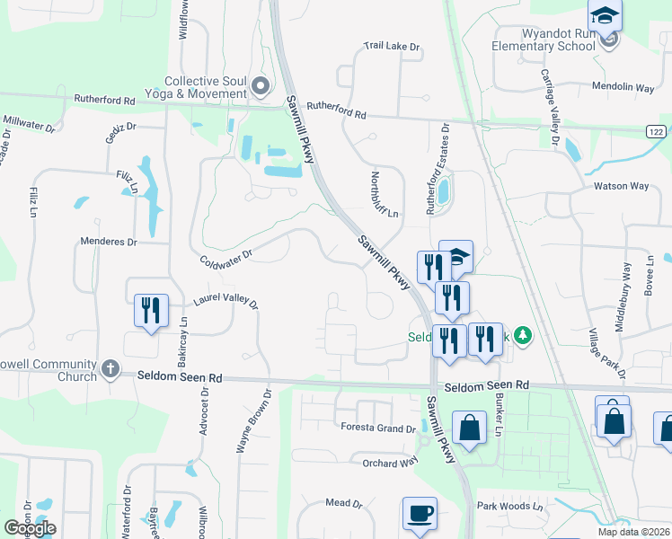 map of restaurants, bars, coffee shops, grocery stores, and more near 8656 Coldwater Drive in Powell