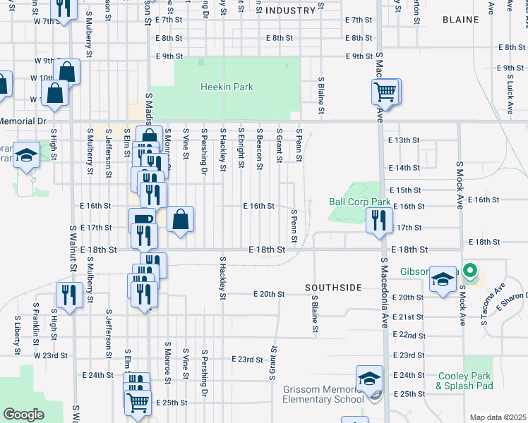 map of restaurants, bars, coffee shops, grocery stores, and more near 2302 South Beacon Street in Muncie