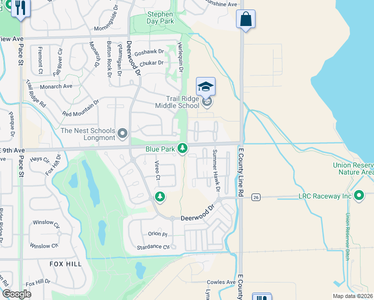 map of restaurants, bars, coffee shops, grocery stores, and more near 11 Button Rock Drive in Longmont