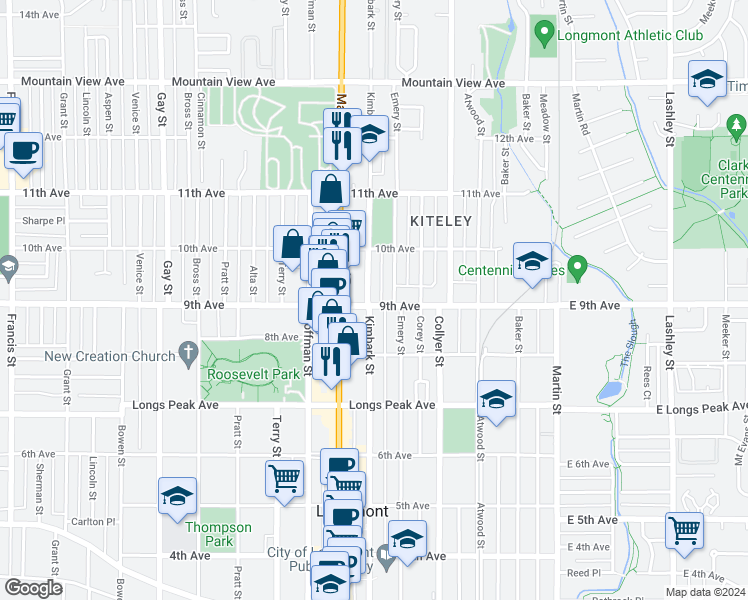 map of restaurants, bars, coffee shops, grocery stores, and more near 902 Kimbark Street in Longmont