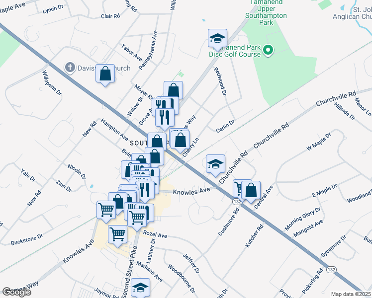 map of restaurants, bars, coffee shops, grocery stores, and more near 734 Cherry Lane in Southampton