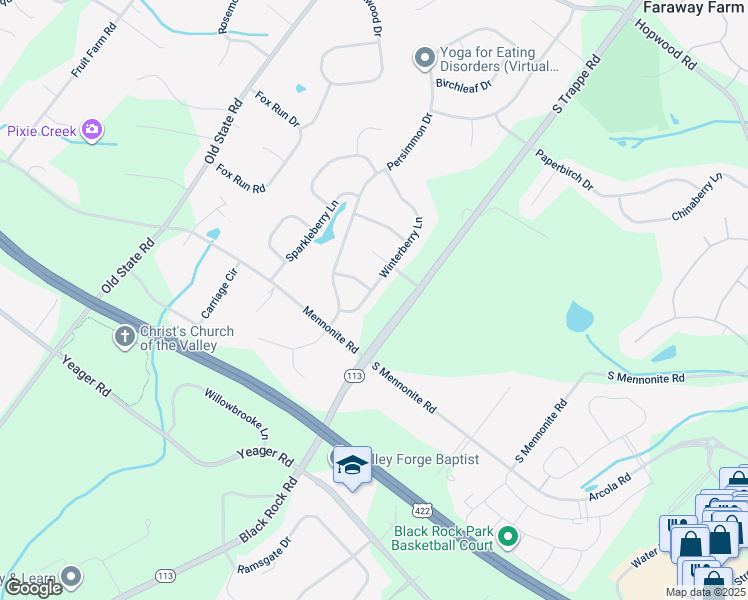 map of restaurants, bars, coffee shops, grocery stores, and more near 210 Winterberry Lane in Collegeville