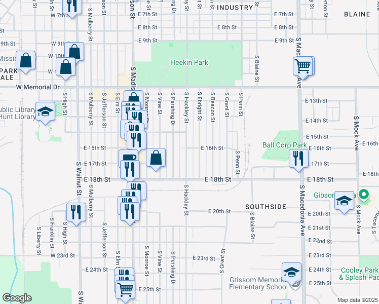 map of restaurants, bars, coffee shops, grocery stores, and more near 2212 South Hackley Street in Muncie