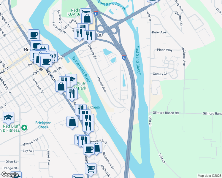 map of restaurants, bars, coffee shops, grocery stores, and more near 224 Gilmore Road in Red Bluff