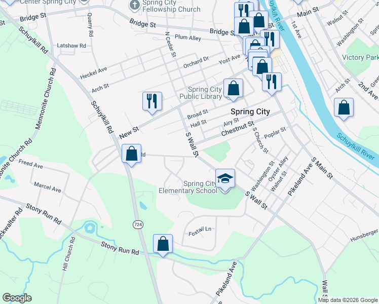 map of restaurants, bars, coffee shops, grocery stores, and more near 511 Park Road in Spring City