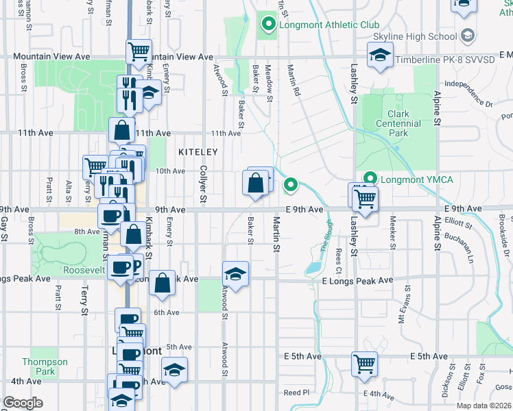map of restaurants, bars, coffee shops, grocery stores, and more near 104 9th Avenue in Longmont