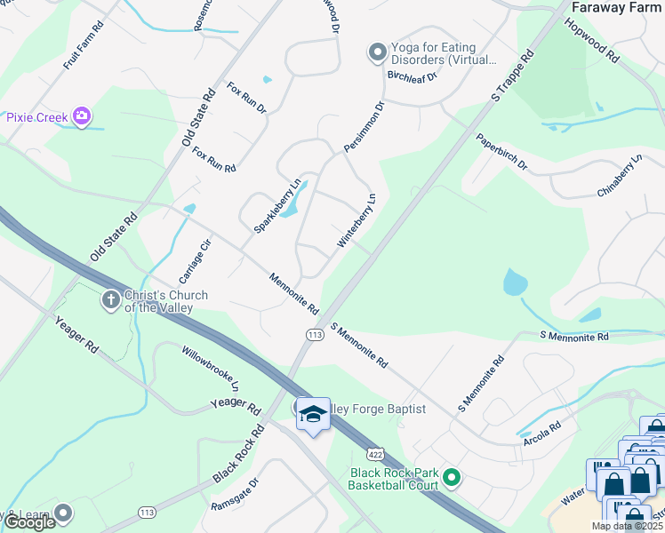 map of restaurants, bars, coffee shops, grocery stores, and more near 210 Winterberry Lane in Collegeville