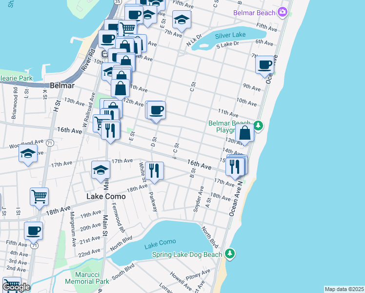 map of restaurants, bars, coffee shops, grocery stores, and more near 319 14th Avenue in Belmar