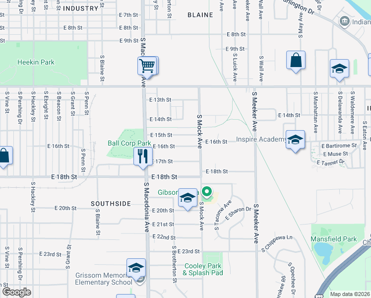 map of restaurants, bars, coffee shops, grocery stores, and more near 2010 East 16th Street in Muncie
