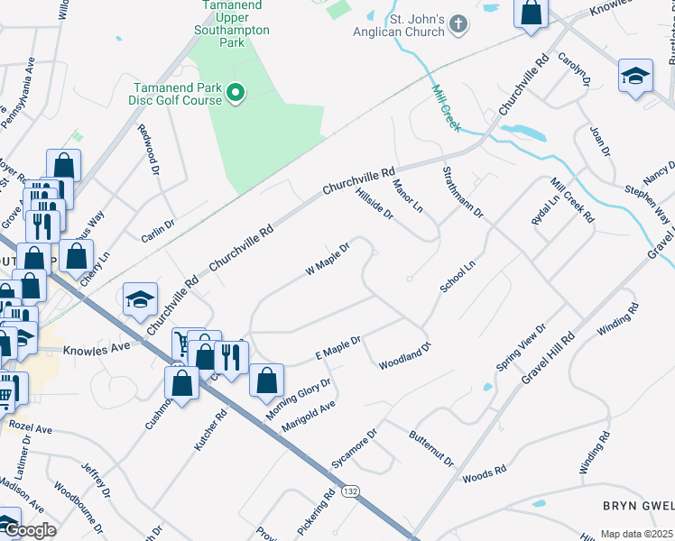 map of restaurants, bars, coffee shops, grocery stores, and more near 893 West Maple Drive in Southampton