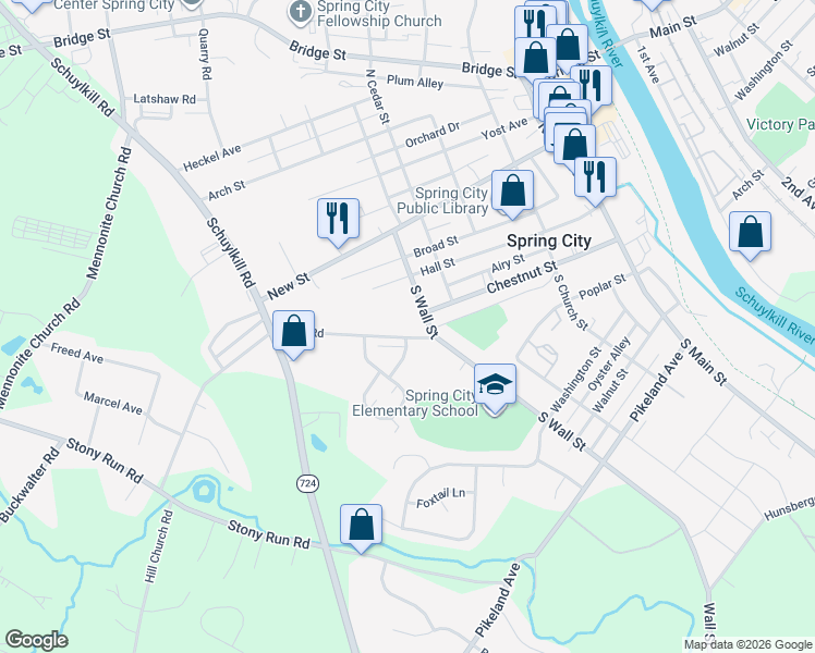 map of restaurants, bars, coffee shops, grocery stores, and more near 511 Park Road in Spring City