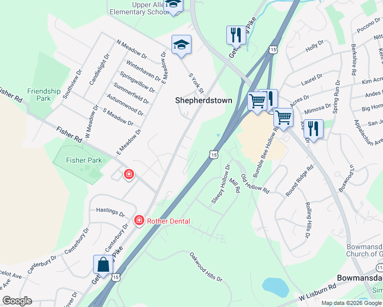 map of restaurants, bars, coffee shops, grocery stores, and more near 405 Gettysburg Pike in Mechanicsburg