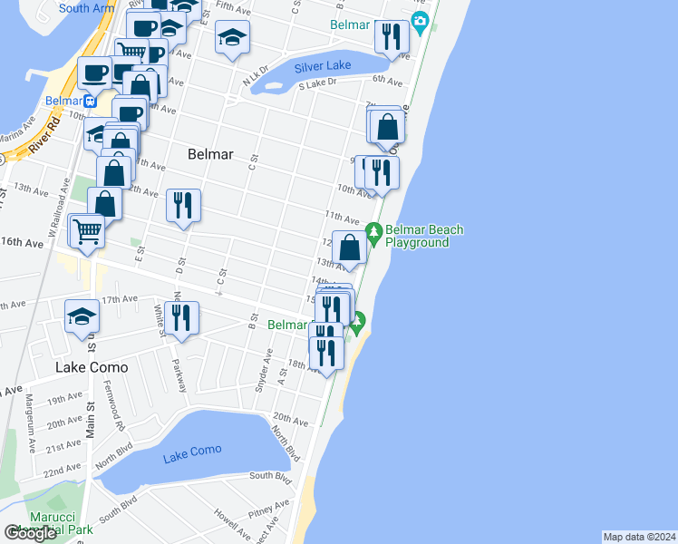 map of restaurants, bars, coffee shops, grocery stores, and more near 108 13th Avenue in Belmar