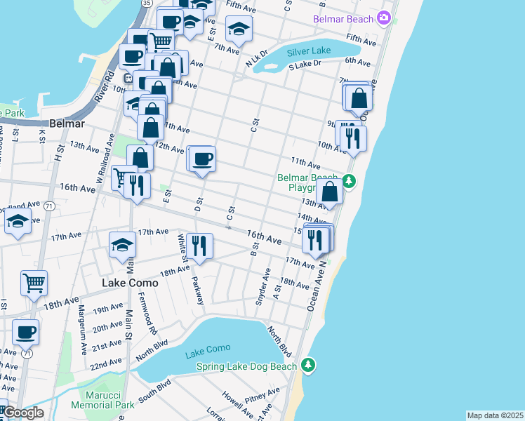 map of restaurants, bars, coffee shops, grocery stores, and more near 1307 B Street in Belmar