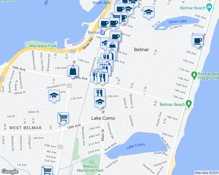 map of restaurants, bars, coffee shops, grocery stores, and more near 612 16th Avenue in Belmar