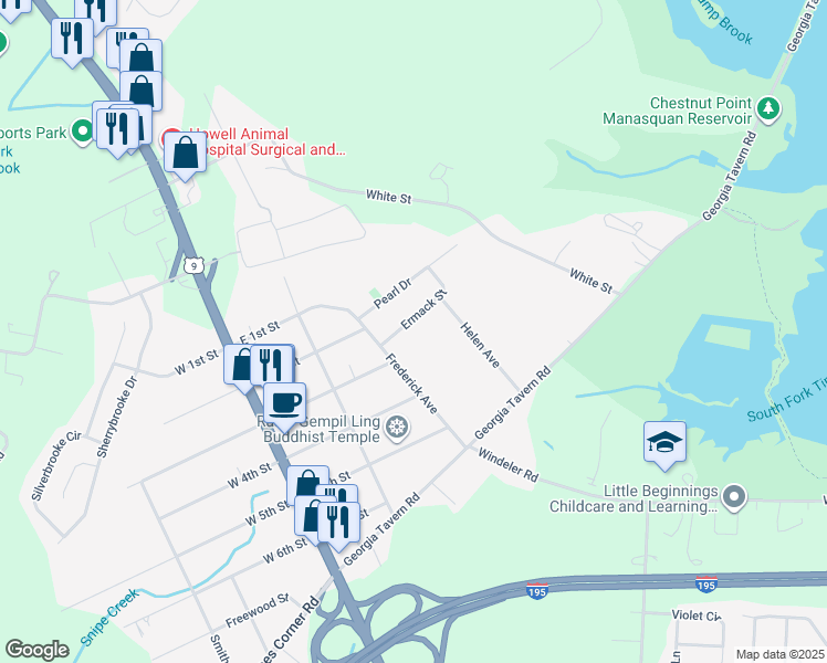 map of restaurants, bars, coffee shops, grocery stores, and more near 21 Ermack Street in Howell Township