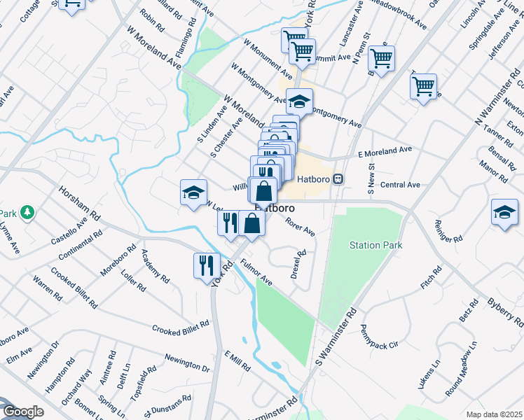 map of restaurants, bars, coffee shops, grocery stores, and more near 148 South York Road in Hatboro