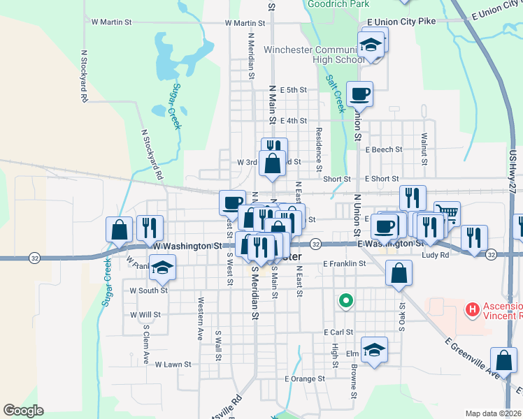 map of restaurants, bars, coffee shops, grocery stores, and more near 301 North Meridian Street in Winchester