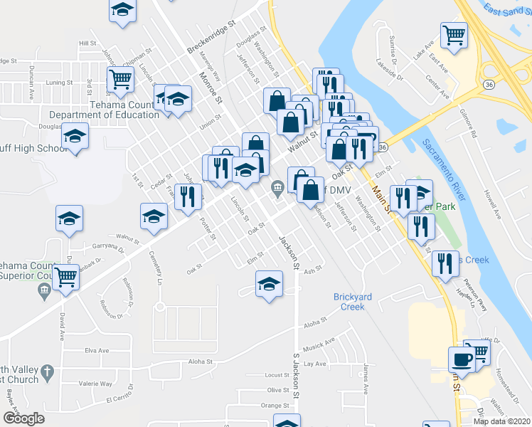 map of restaurants, bars, coffee shops, grocery stores, and more near 613 Jackson Street in Red Bluff