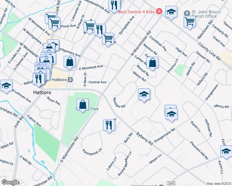 map of restaurants, bars, coffee shops, grocery stores, and more near 3900 Reiniger Road in Hatboro