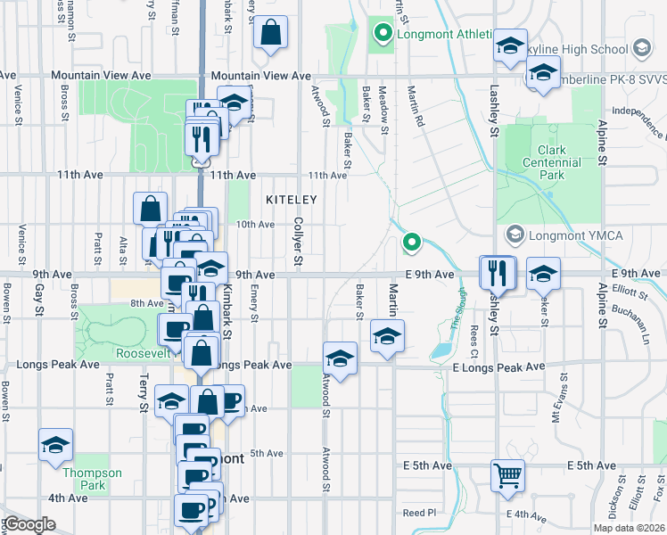 map of restaurants, bars, coffee shops, grocery stores, and more near 912 Atwood Street in Longmont
