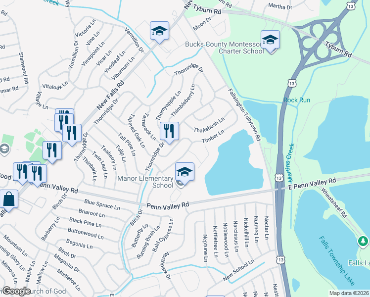 map of restaurants, bars, coffee shops, grocery stores, and more near 48 Timber Lane in Levittown