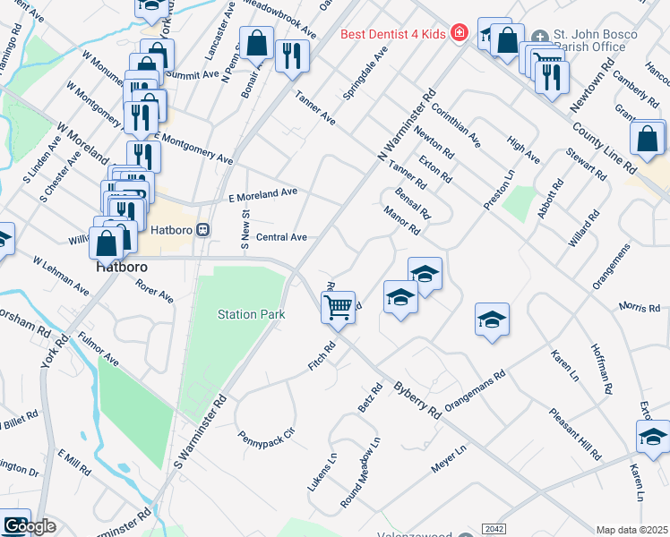 map of restaurants, bars, coffee shops, grocery stores, and more near 3900 Reiniger Road in Hatboro
