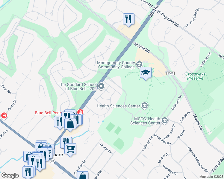 map of restaurants, bars, coffee shops, grocery stores, and more near 501 Blue Bell Springs Drive in Blue Bell