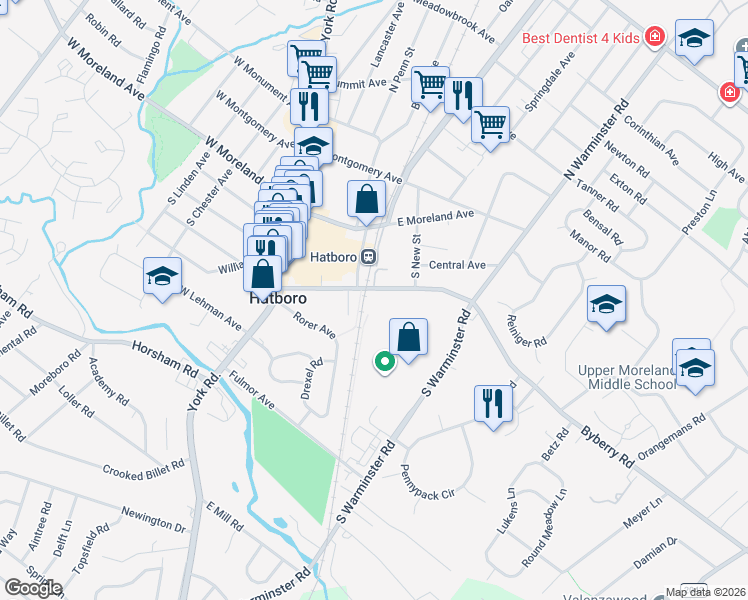 map of restaurants, bars, coffee shops, grocery stores, and more near 112 Byberry Road in Hatboro