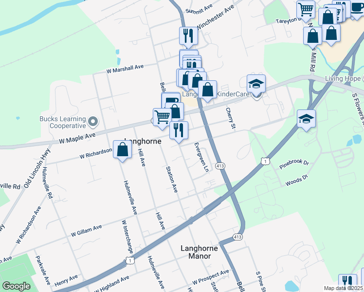 map of restaurants, bars, coffee shops, grocery stores, and more near 111 Flowers Avenue in Langhorne