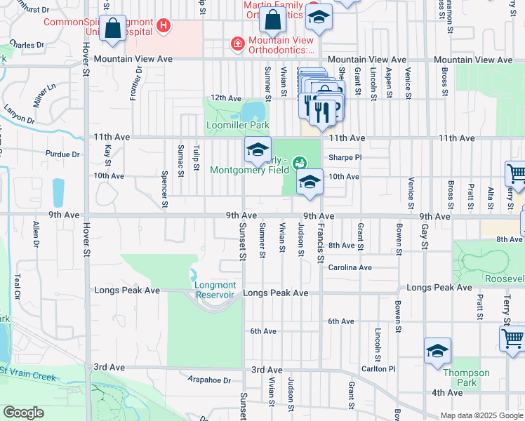 map of restaurants, bars, coffee shops, grocery stores, and more near 1610 9th Avenue in Longmont