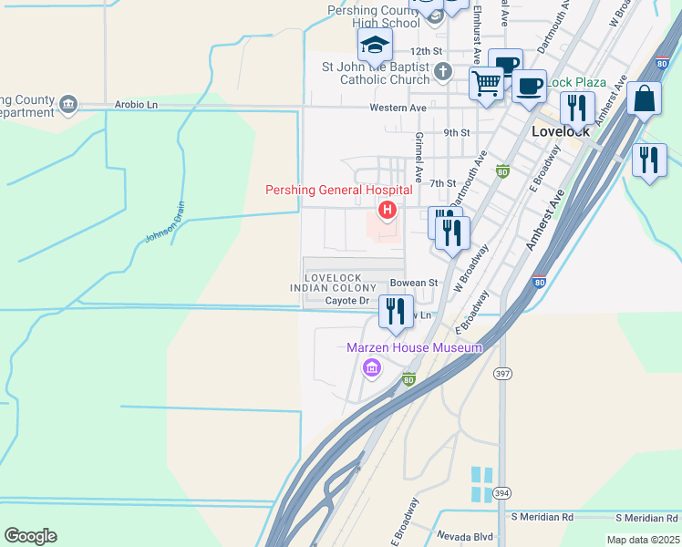 map of restaurants, bars, coffee shops, grocery stores, and more near 220 Bowean Street in Lovelock