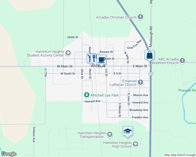map of restaurants, bars, coffee shops, grocery stores, and more near 107 West South Street in Tipton