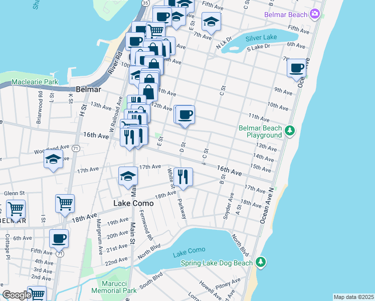 map of restaurants, bars, coffee shops, grocery stores, and more near 503 15th Avenue in Belmar