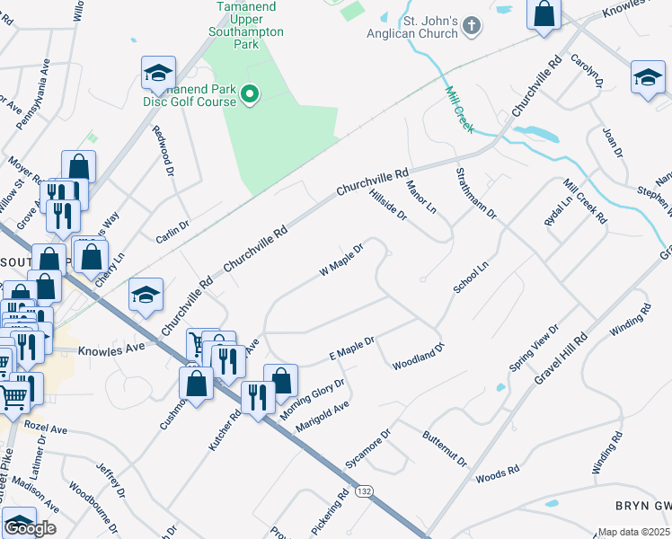 map of restaurants, bars, coffee shops, grocery stores, and more near 893 West Maple Drive in Southampton