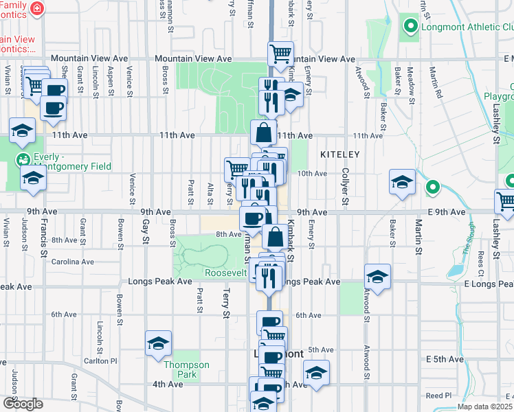 map of restaurants, bars, coffee shops, grocery stores, and more near 900 Coffman Street in Longmont